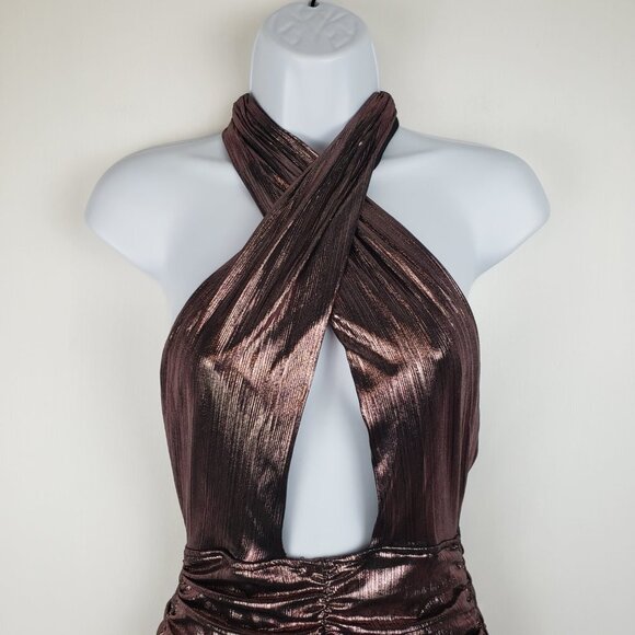Hello Molly Superstar Here Mini Dress Bronze Cross Front Halter Size 4/Small - Picture 11 of 11